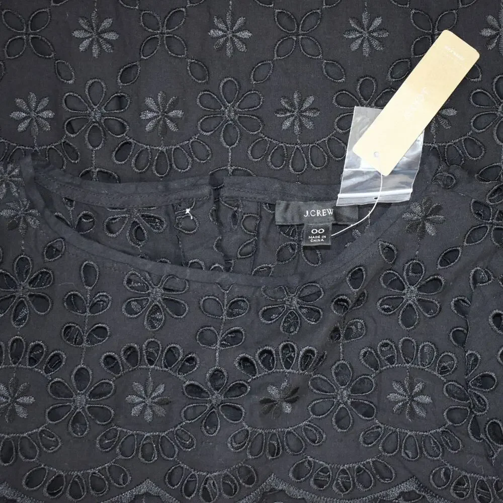 J.Crew Embroidered Eyelet Bell Sleeve Shift Dress Black 00 Mini Scallop NWT